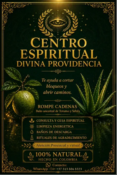 Folleto del Centro Espiritual Divina Providencia: consulta y guía espiritual, limpieza energética, baños de descarga y rituales de agradecimiento