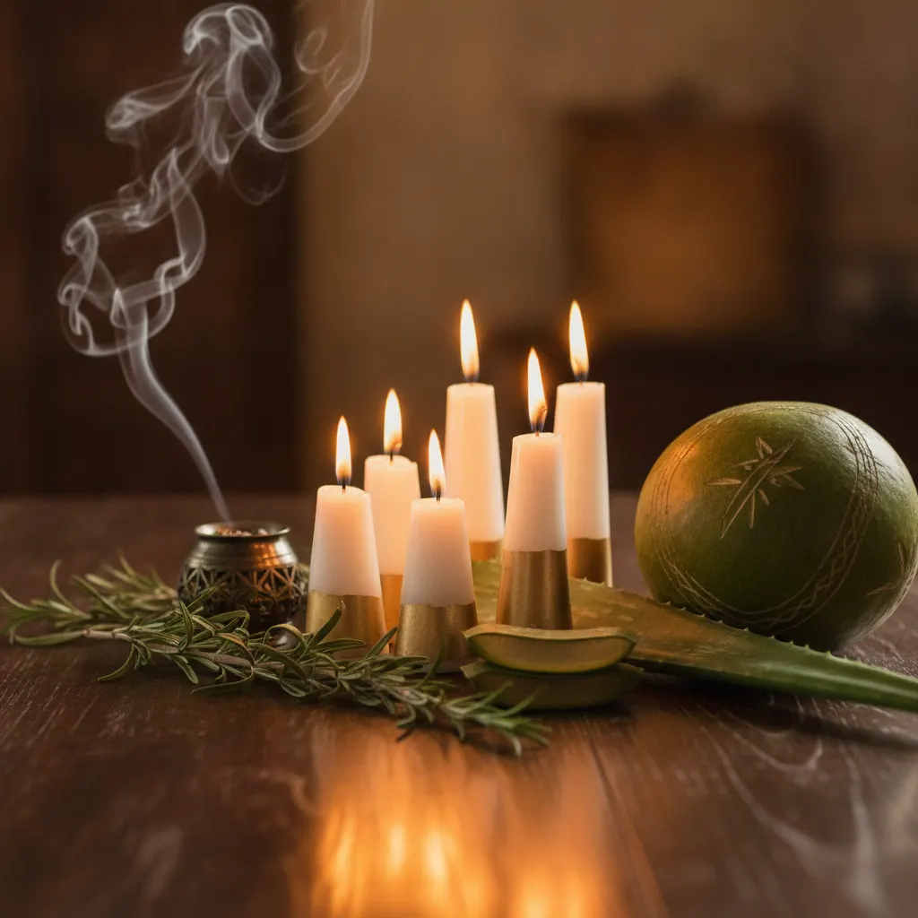 Velas encendidas, incienso y hierbas (foto ilustrativa)